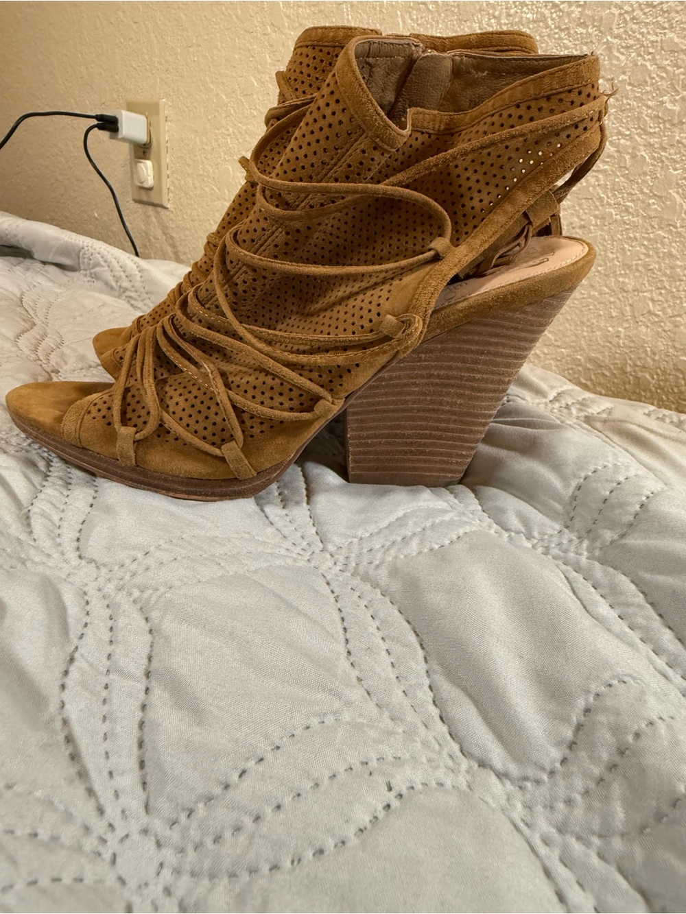 Vince Camuto Tan Perforated Suede Lace-Up Wedge Sandals - Picture 3 of 13
